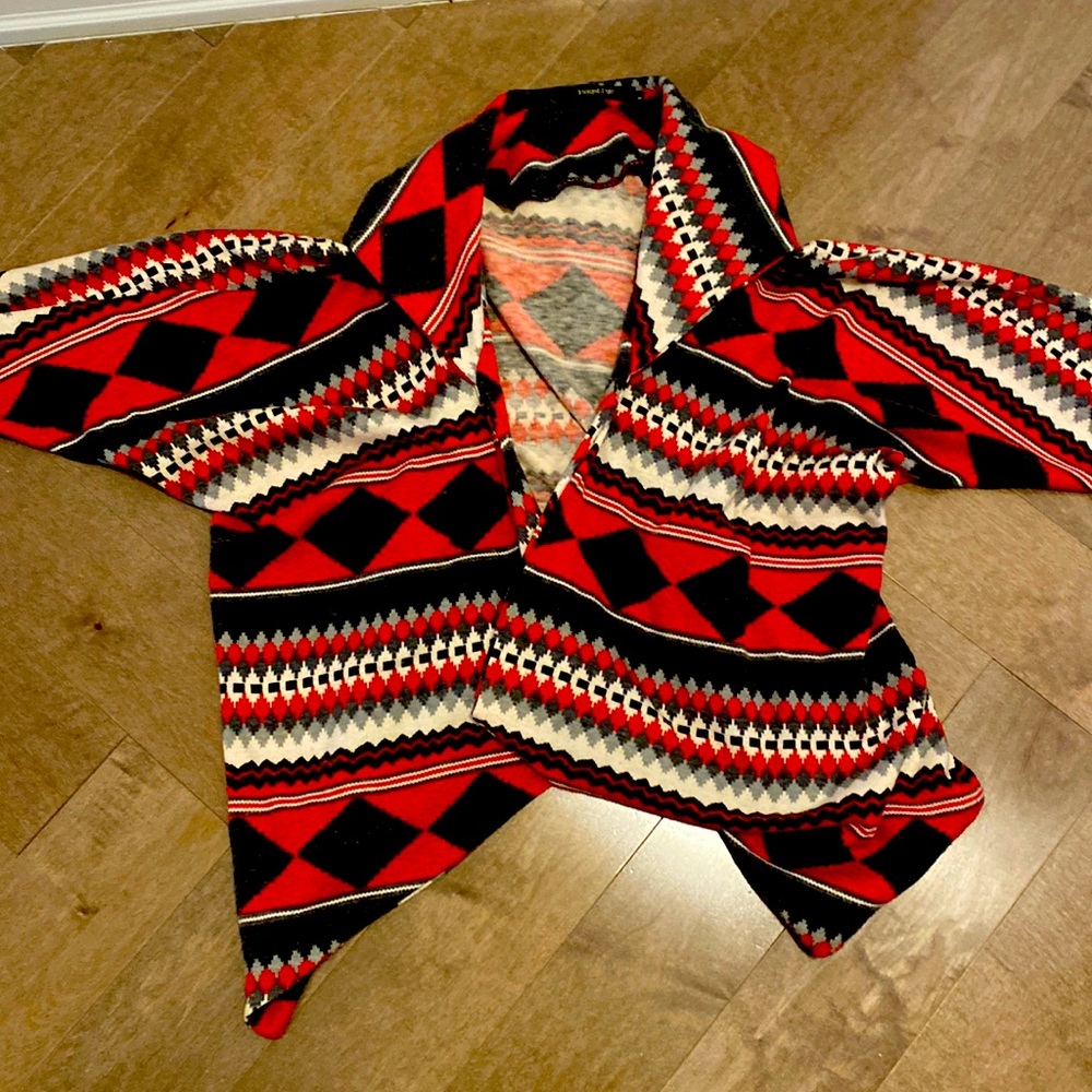 Open cardigan type sweatshirt material southwestern design. So soft and cozy